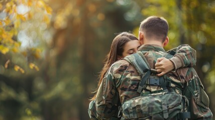 Two people embracing in camouflage, likely military, forest setting - Powered by Adobe