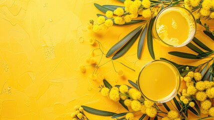 Two glasses of juice with yellow flowers and green leaves on wet background - Powered by Adobe