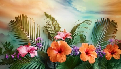 creative backdrop of abstract bright style flowers and tropical leaves watercolor painting floral background 3d illustration