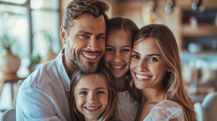 Obraz premium Portrait of a smiling family with two children, showing happiness and closeness in a cozy home setting.