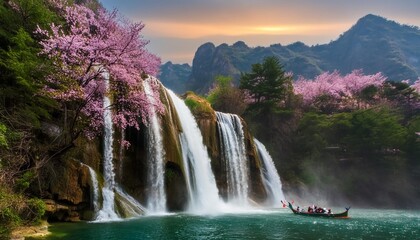 beautiful mountain waterfall painting scenery generative ai