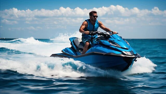A young tanned man in a swimming vest rides a jet ski on the blue sea