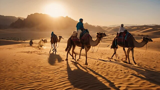 People riding camels are dressed in traditional white oriental garb.
