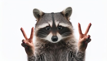 portrait of a funny raccoon showing a sign peace isolated on white background