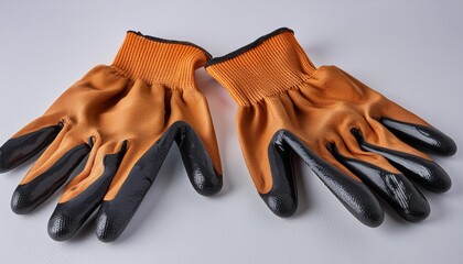 new nylon orange work gloves with a black latex coating lying next to each other with the working side down isolated on white background