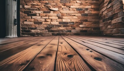 a detailed view of wooden flooring showcasing a wall and a brick wall in the background