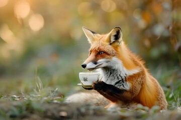 Fototapeta premium Elegant Fox Sipping Tea in Cozy Countryside Setting
