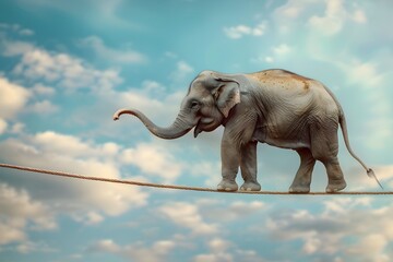 Surreal Elephant Balances Gracefully on a Tightrope in a Dreamlike Vivid Digital Landscape