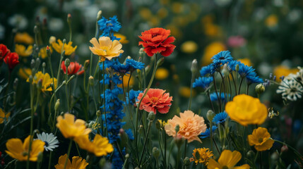 Fototapeta premium Close-up of a garden showcasing a variety of colorful flowers, including blue, yellow, and red blooms.