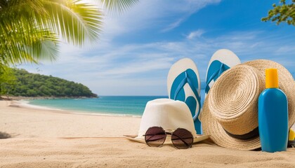 tropical beach with sunbathing accessories summer holiday background