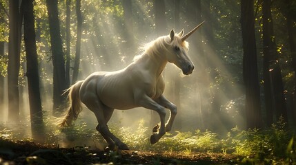 Majestic Unicorn Prancing Through Ethereal Forest with Glowing Horn