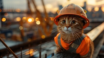 Feline Construction Worker Stands Tall on Cityscape Beam