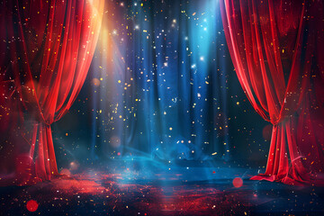 Glittering performance stage with spotlight and curtains, background for circus or music show