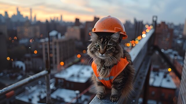 Feline Foreman Feline Construction Worker Stands Atop Metal Beam Overlooking Cityscape