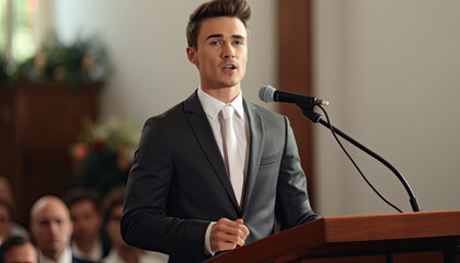 Young man dressed in a grey suit stands at a podium with a microphone in front of him. He appears to be giving a speech or an address.