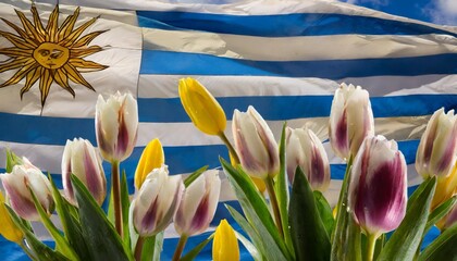 image of beautiful multi colored tulips against the background of the flag of uruguay