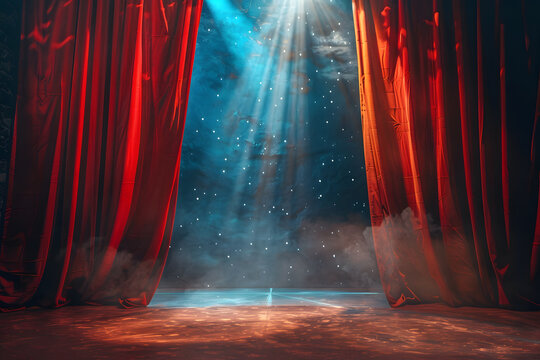 Glittering performance stage with spotlight and curtains, background for circus or music show
