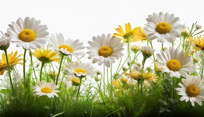 daisy flowers and green grass in a floral line arrangement isolated on white or transparent background