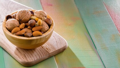 assortment of nuts in wooden bowl on colored table