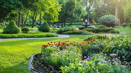 Well-manicured public garden with flowers and fountain