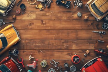 Detailed depiction of car enthusiast culture with a collection of cars, tools, magazines, and trophies.