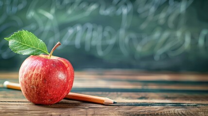 Red apple with leaf on top of wooden table, pencil beside it, chalkboard in background - Powered by Adobe