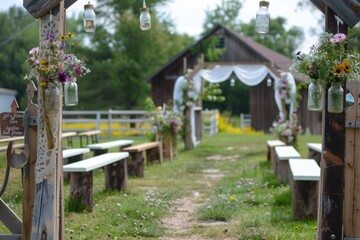 Country-style wedding with wooden arch, mason jar wildflowers, and acoustic music against a wooden fence