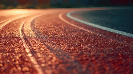 Close-up of sunlit, wet, red asphalt road curving to left - Powered by Adobe