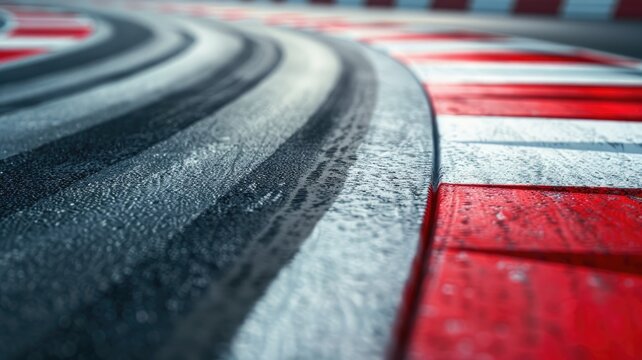 Close-up of wet race track with red and white curbs showing tire marks
