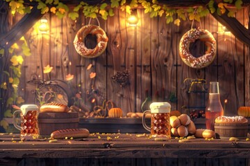 Oktoberfest Celebration Scene with Beer Steins, Pretzels, and Bratwursts on a Rustic Wooden Background