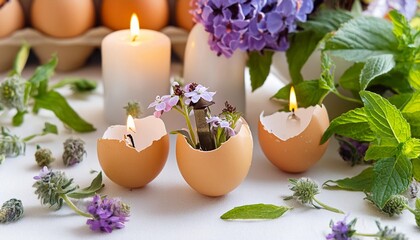 beautiful composition with flowers in eggs shells and wiccan amulet of triple goddess candlestick on table background festive spring season table decor for ostara sabbat