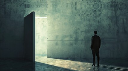 Person in suit facing door ajar with light shining through