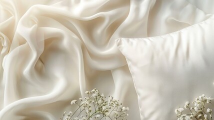 White satin fabric with pillow and small white flowers, capturing delicate luxurious texture