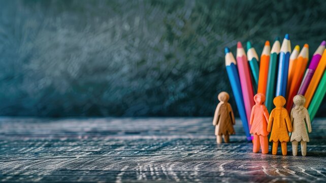 Paper figures among colorful pencils on wooden surface