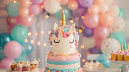 Enchanting unicorn themed birthday cake with pastel balloons