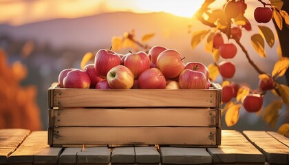 apples in wooden crate on table at sunset autumn and harvest concept