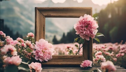 wooden frame with pink flowers in center