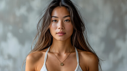 Serene Asian Woman: Long Straight Hair in Yoga Attire, Zen Vibes: Sleek Hair on Asian Yoga Enthusiast, Calm and Centered: Woman in Yoga Outfit with Long Hair