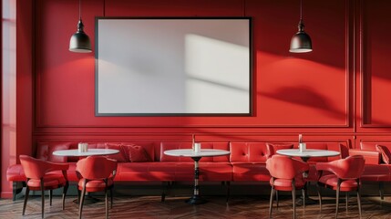 A modern cafe interior with a blank poster on the wall, stylish furniture, and red color scheme, concept of advertising space. 3D Rendering realistic