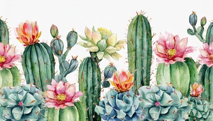 floral horizontal border with blossom cacti and succulent watercolor seamless pattern colorful illustration isolated on white background in mexican style