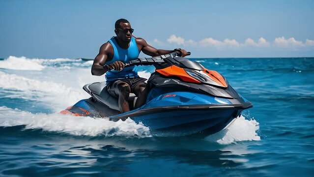 A dark-skinned young muscular man rides on a jet ski across the blue sea