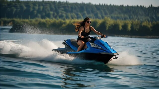 A young woman in a swimsuit rides a jet ski across the blue sea