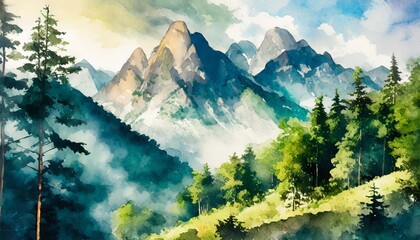 stunning watercolor mountains and trees nature landscape in artistic style