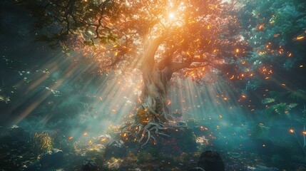 A divine tree of immortality with strong colorful rays and interesting root system.