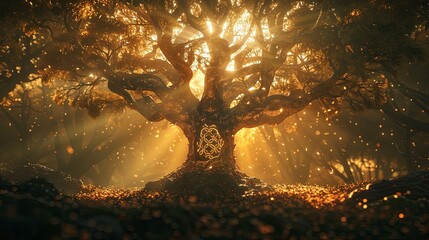 A divine tree of immortality with an interesting golden door on the tree.