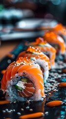 Sushi restaurant. One delicious looking sushi salmon in the spotlight. Luxury. Beautiful. Best shot. Photo.