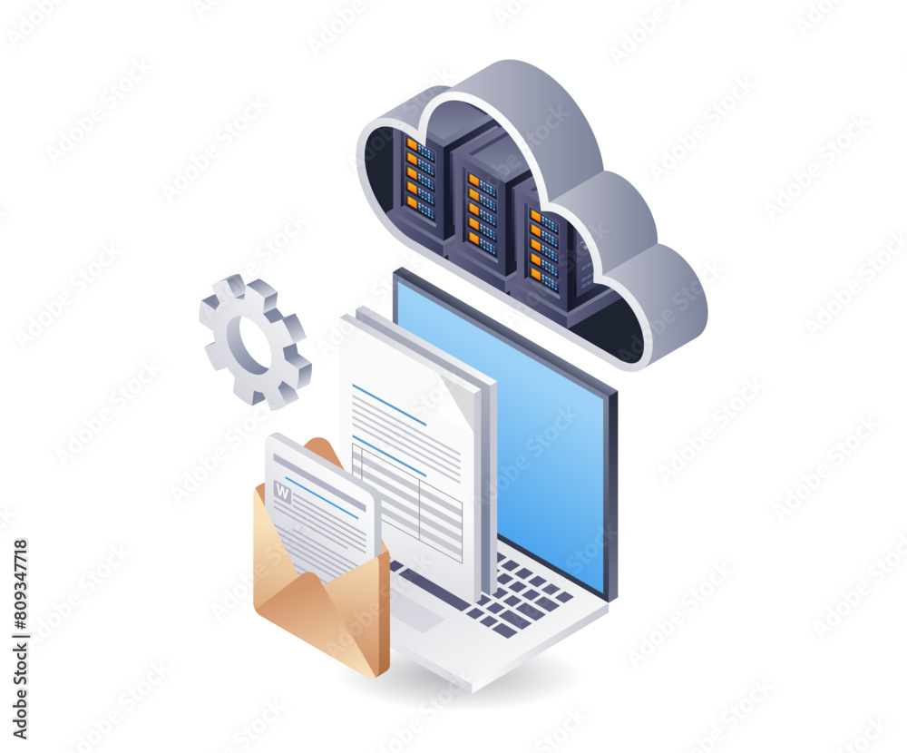 Sticker cloud server data computer, infographic 3d illustration flat isometric