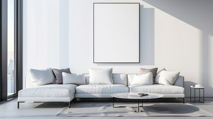 A modern living room with a white sofa, coffee table, and blank poster on the wall in a bright interior, Generative AI. realistic