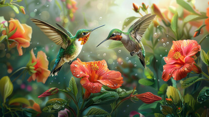 Vibrant scene of two hummingbirds interacting mid-air around colorful hibiscus flowers during a rain, with water droplets visible.