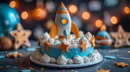 Space-themed birthday cake with rocket topper